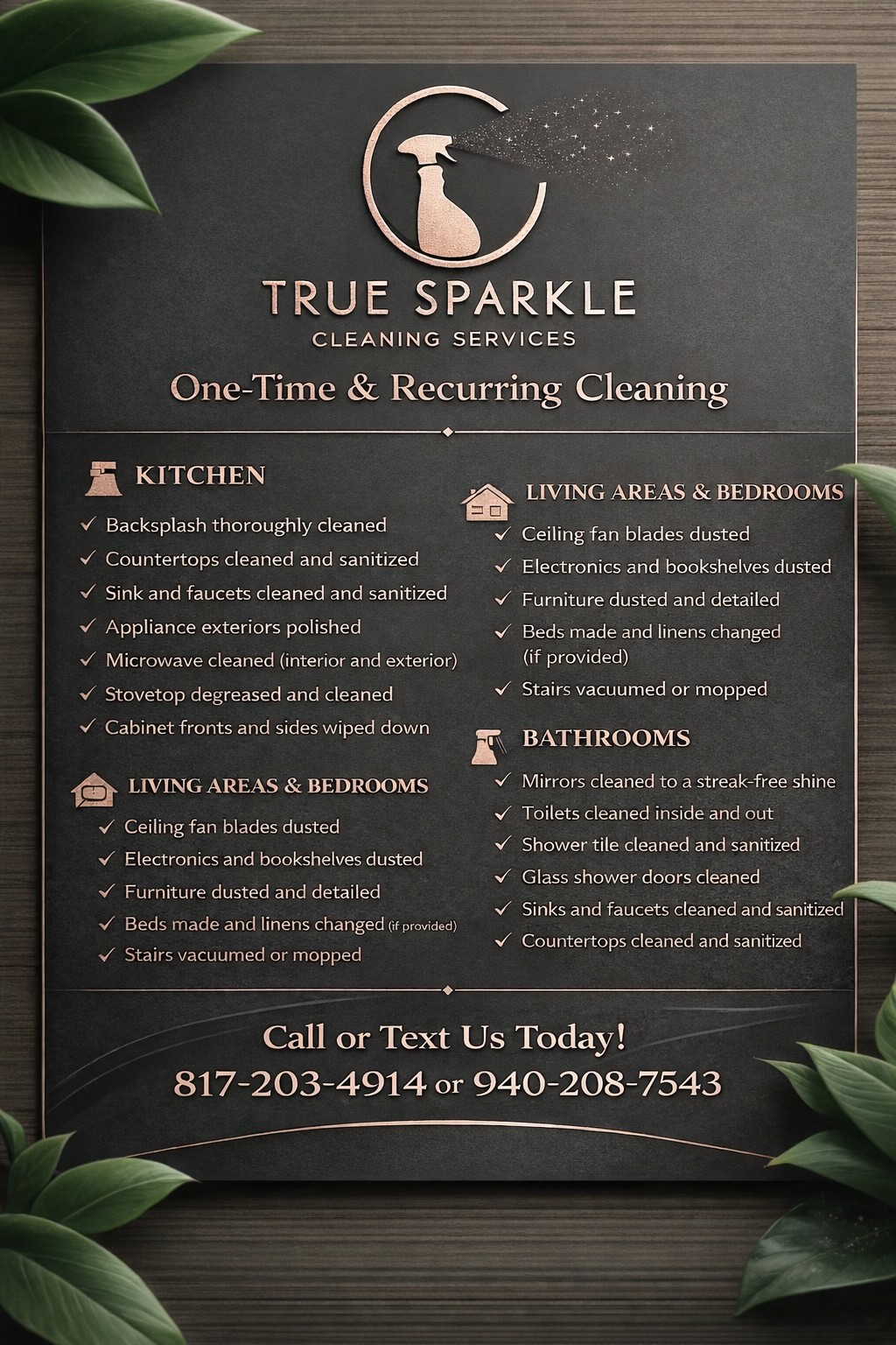 True Sparkle One-Time and Recurring Cleaning full checklist by room